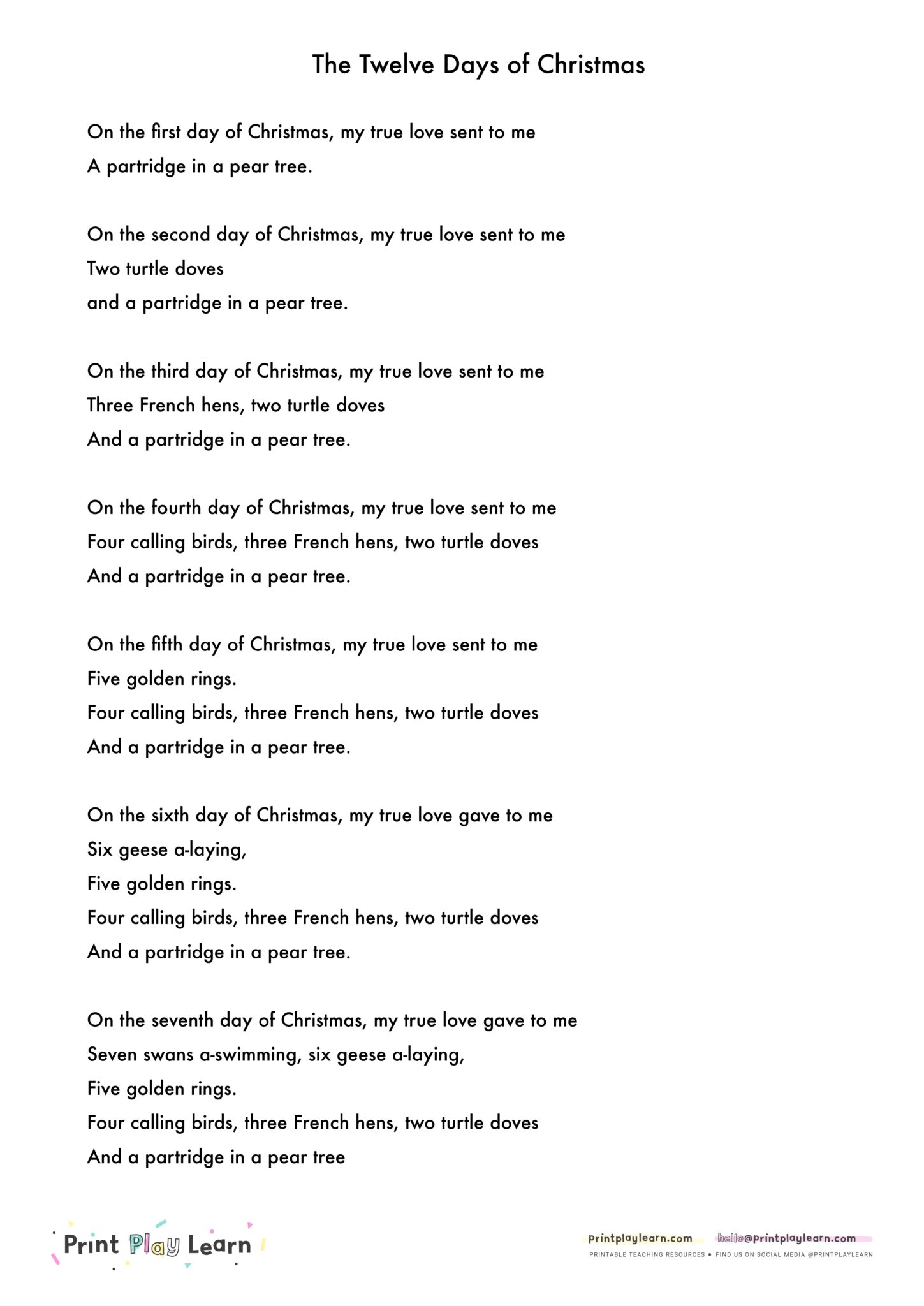 twelve days of christmas song words - printable teaching resources